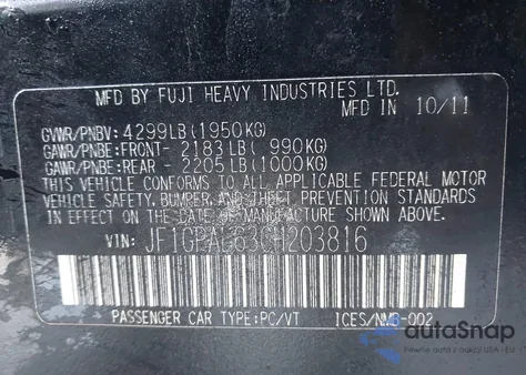 2012 Subaru Impreza 2.0I Sport Premium from USA, damaged, VIN JF1GPAL63CH203816